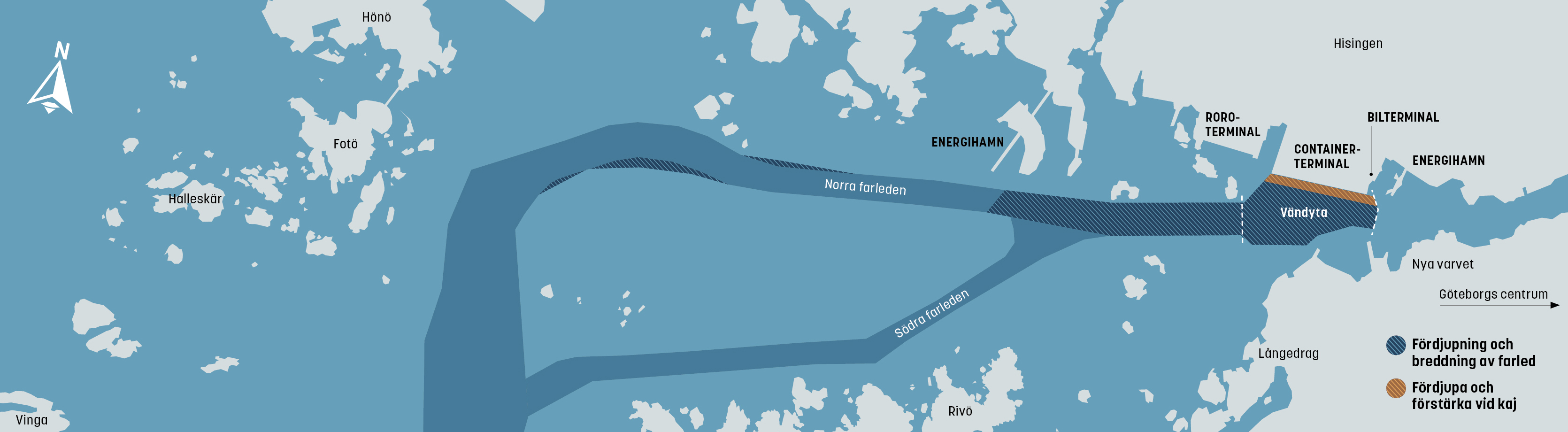 Map illustrating the planned depthening of the fairway in the Port of Gothenburg.
